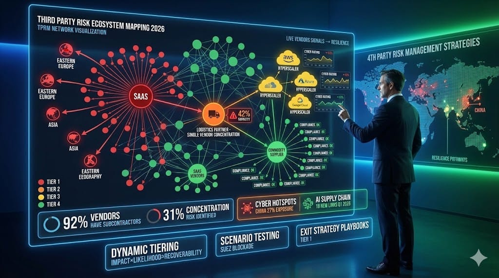 Chief Risk Officer visualizing comprehensive third-party risk ecosystem map—interactive network graph revealing 4th-party dependencies, concentration risks, cybersecurity supply chain vulnerabilities for enterprise TPRM 2026 "Third-Party Risk Ecosystem Mapping".