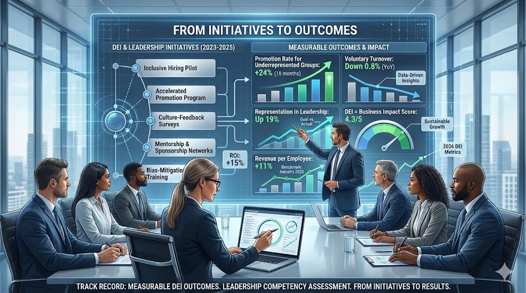 Executive stakeholder reviewing a DEI or leadership performance dashboard that links past initiatives to concrete business outcomes—spanning promotion rates, retention, representation, and financial‑linked KPIs for 2026. 