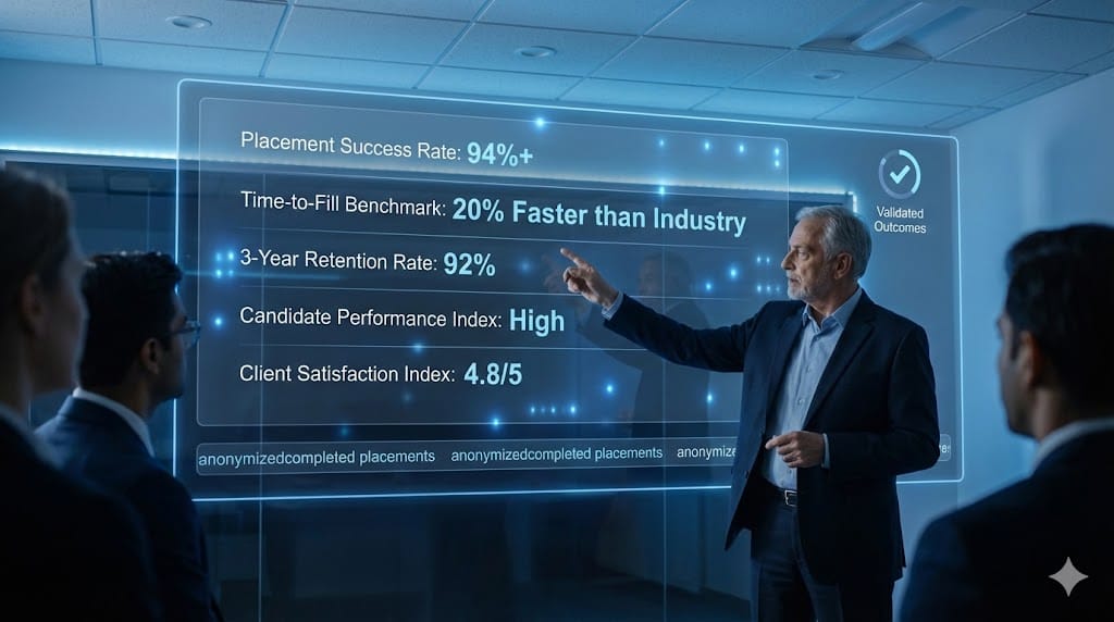 Executive search analytics dashboard displaying validated placement data, performance metrics, and hiring success benchmarks in a corporate setting.
