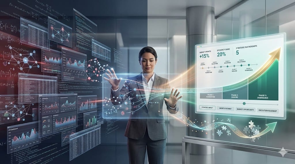 Executive transforming complex data, charts, and abstract digital elements into a clear strategic story displayed as a compelling visual narrative on a presentation screen.