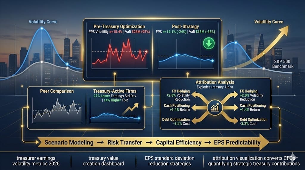 Corporate treasurer dashboard quantifying treasury impact on earnings volatility—reduced EPS standard deviation 24%, value-at-risk $18M, FX hedging alpha +3.2% driving predictable shareholder returns "Measuring Treasurer Impact on Earnings Volatility and Value Creation".