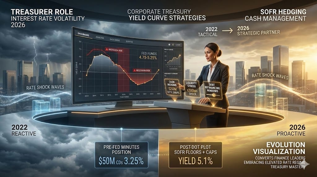 Corporate treasurer at digital dashboard mastering 2026 interest rate volatility—yield curve analysis, SOFR swap hedging, liquidity stress testing protecting $250M cash reserves in elevated Fed funds environment "The Evolution of the Treasurer Role in a Volatile Interest Rate Environment"