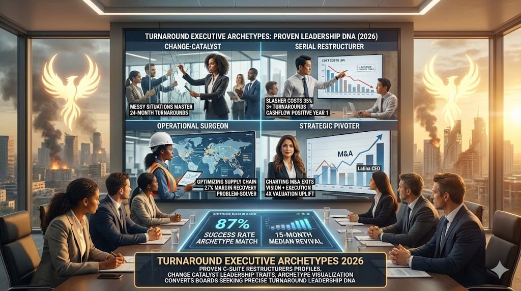 Archetypal turnaround leaders in action: change-catalyst re-engineering distressed operations, serial entrepreneur scaling from turnaround, operational fixer cutting costs 35%, strategic visionary plotting acquisition exits for C-suite revival 2026.
