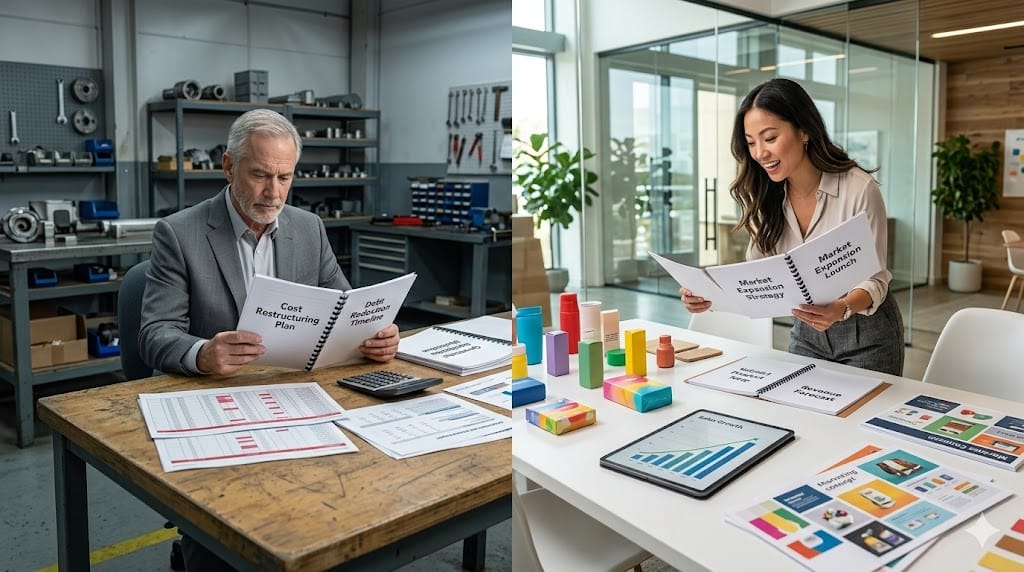 Two contrasting business environments side by side — one showing a turnaround leader reviewing cost-cutting plans in a subdued setting and the other showing a growth-stage leader strategizing expansion in a vibrant workspace.