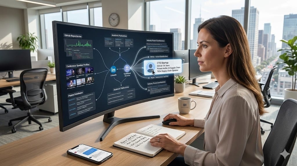 Executive recruiter mapping talent beyond traditional networks—identifying high-potential leaders through GitHub contributions, industry conference speakers, patent filings, and academic collaborations during strategic sourcing session.