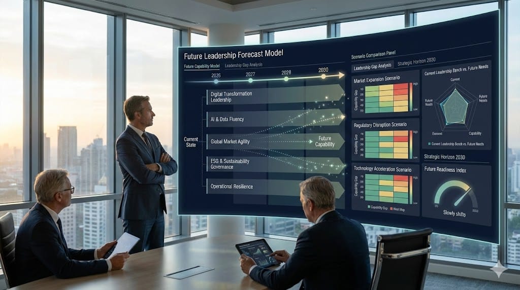 Executive team analyzing predictive leadership capability models with animated future scenario projections and strategic workforce forecasting dashboard.