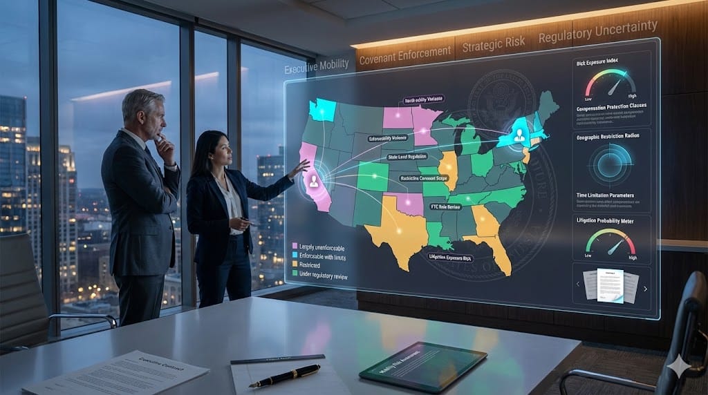 Executive reviewing US non-compete legal landscape with animated state-by-state enforceability map and restrictive covenant analysis dashboard.