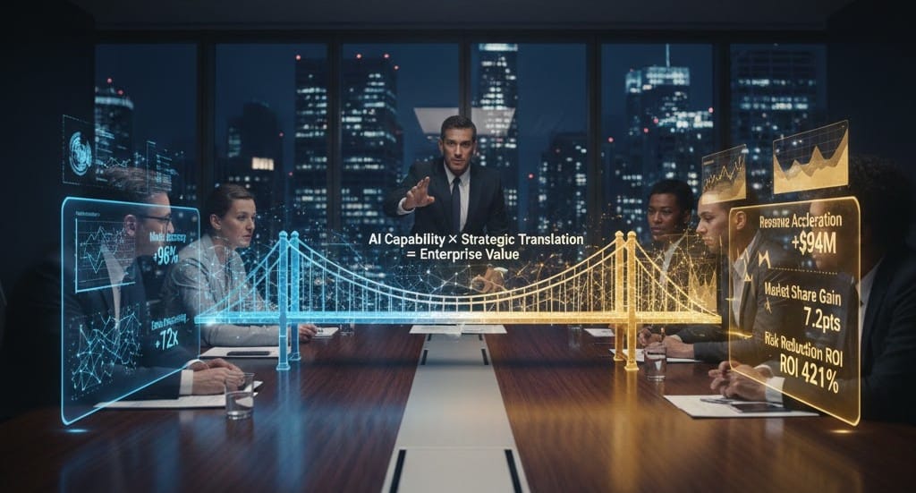 CPO presenting holographic AI value translation to board, converting technical metrics into strategic business outcomes with revenue acceleration, risk mitigation ROI, and competitive advantage visualizations.
