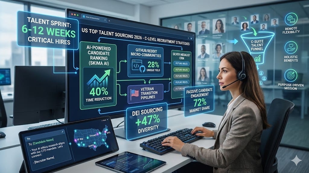 US corporate recruiter leveraging AI sourcing, talent sprints, and diverse networks to attract C-level executives—2026 strategies including GitHub micro-communities, veteran pipelines, and skill-based matching for top-tier leadership talent.