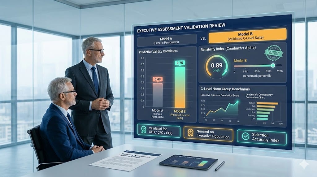 Executive selection team reviewing validated C-level assessment metrics with animated benchmarking charts and leadership competency verification indicators.