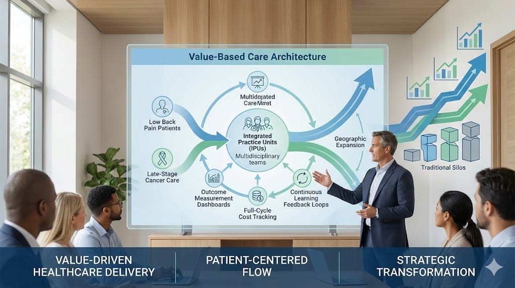  Integrated value-based care architecture blueprint—multidisciplinary teams coordinating patient segments around outcomes not volume, measuring health improvements against full-cycle costs through digital platforms and bundled payments.