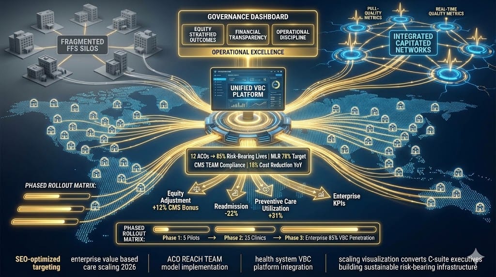 Enterprise health system VBC command center scaling capitated models—central dashboard showing 85% risk-adjusted lives across 50 clinics, MLR 78% target, 18% YoY cost reduction through integrated ACO REACH/TEAM platforms.