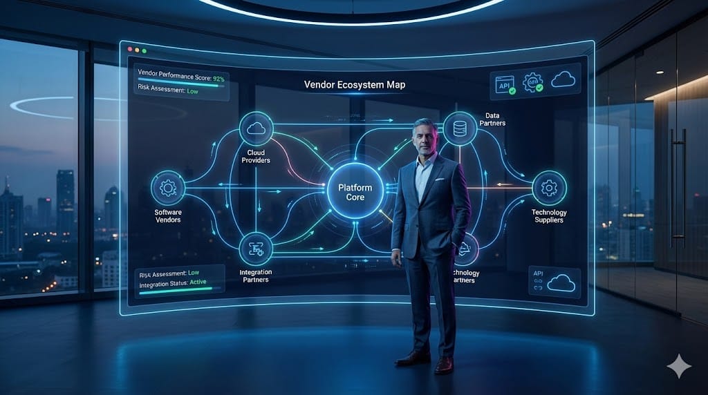Business leader navigating a complex vendor ecosystem network to drive platform integration and strategic success.