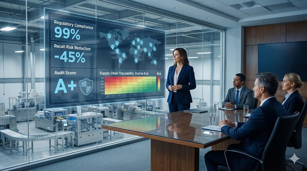 Chief executive presenting food safety risk analytics dashboard while production facility operates in the background, illustrating why a VP of Food Safety is essential for corporate strategy and compliance.
