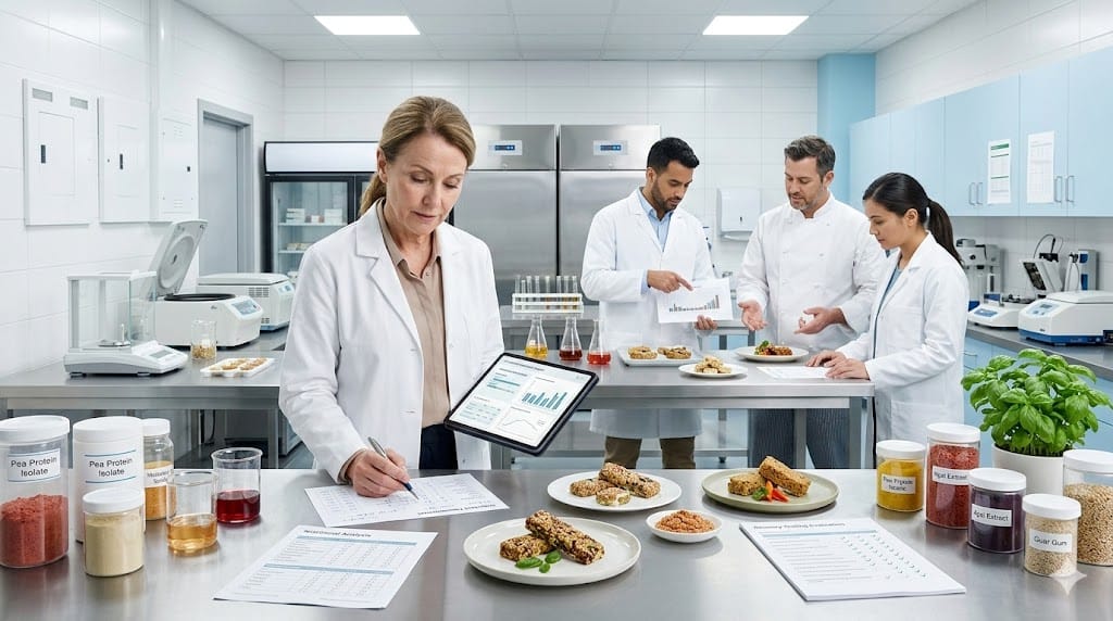 Senior R&D leader in a modern food innovation lab reviewing product prototypes and research data with a technical team.
