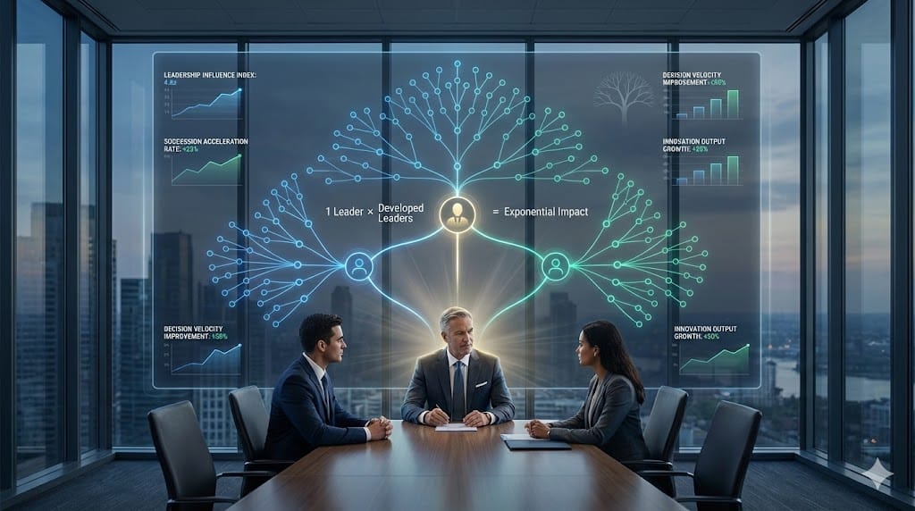 Senior executive mentoring emerging leaders with a cascading leadership impact network visualization showing expanded influence across an organization.