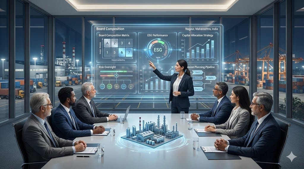 Industrial company board of directors reviewing strategic growth plans with digital governance metrics and dynamic performance visuals in a modern boardroom.