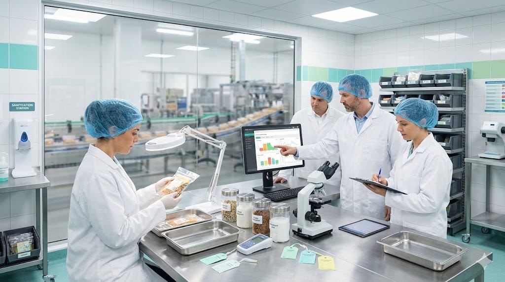 Food manufacturing quality assurance team conducting product inspection and laboratory testing inside a clean, modern facility to ensure safety and compliance standards.