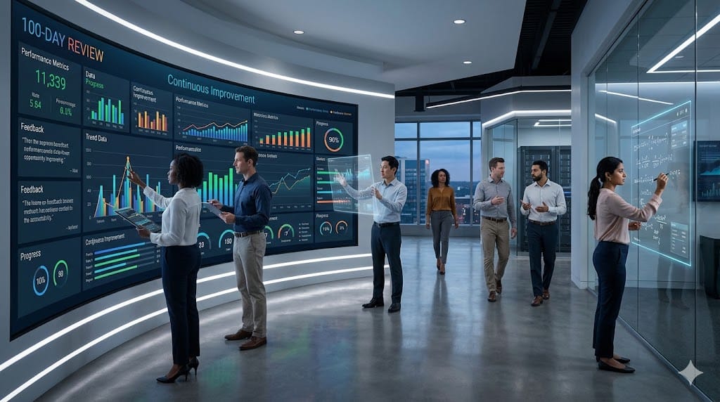 Leadership team reviewing 100-day performance metrics and driving continuous improvement using dynamic visual dashboards in a modern workspace