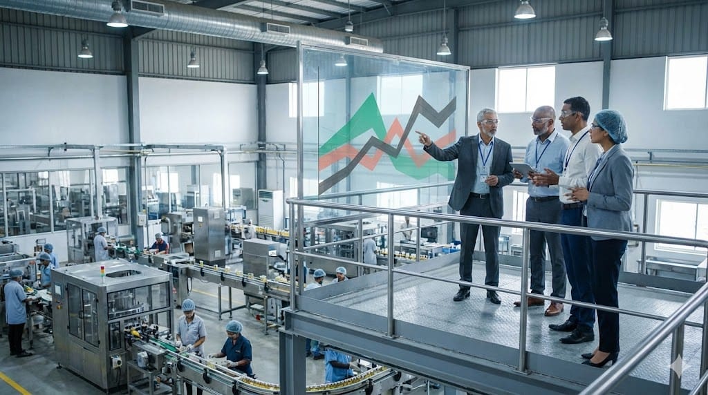A wide-angle view of a modern food and beverage production facility with diverse executives and HR leaders reviewing workforce analytics on a large glass display.