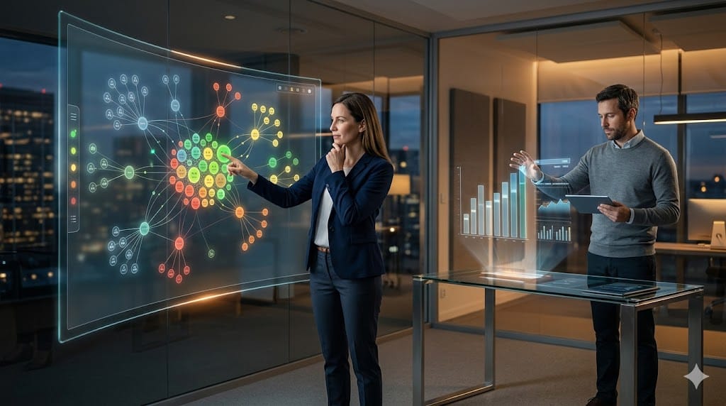 Executives synthesizing 360° feedback from peers and subordinates using advanced digital dashboards in a modern, collaborative environment