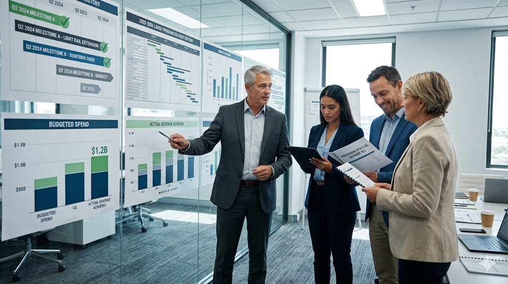 Executives reviewing large project milestones and financial performance dashboard
