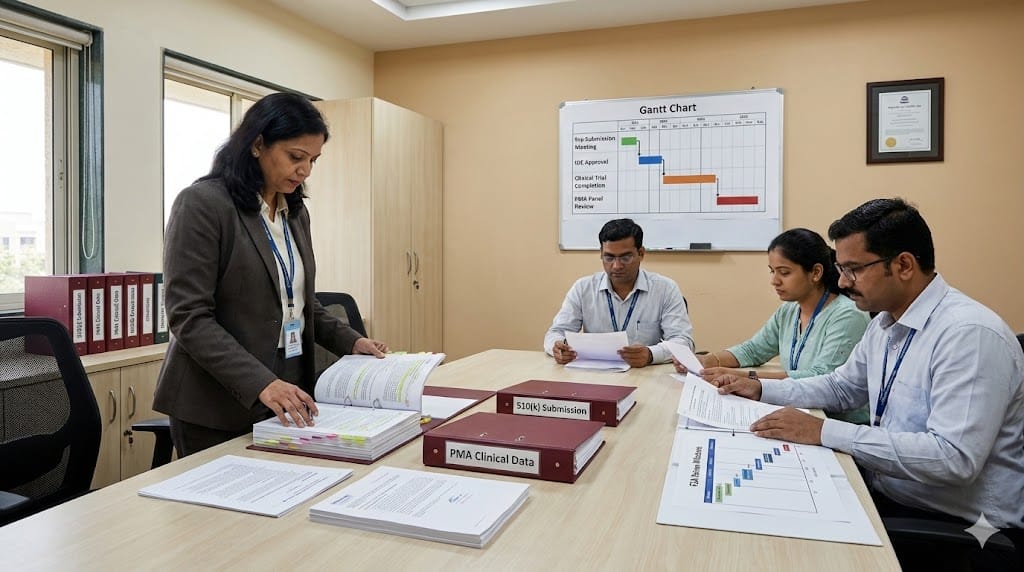 Senior regulatory affairs leader reviewing detailed 510(k) and PMA submission documents with clinical and quality teams in a focused regulatory planning workspace.