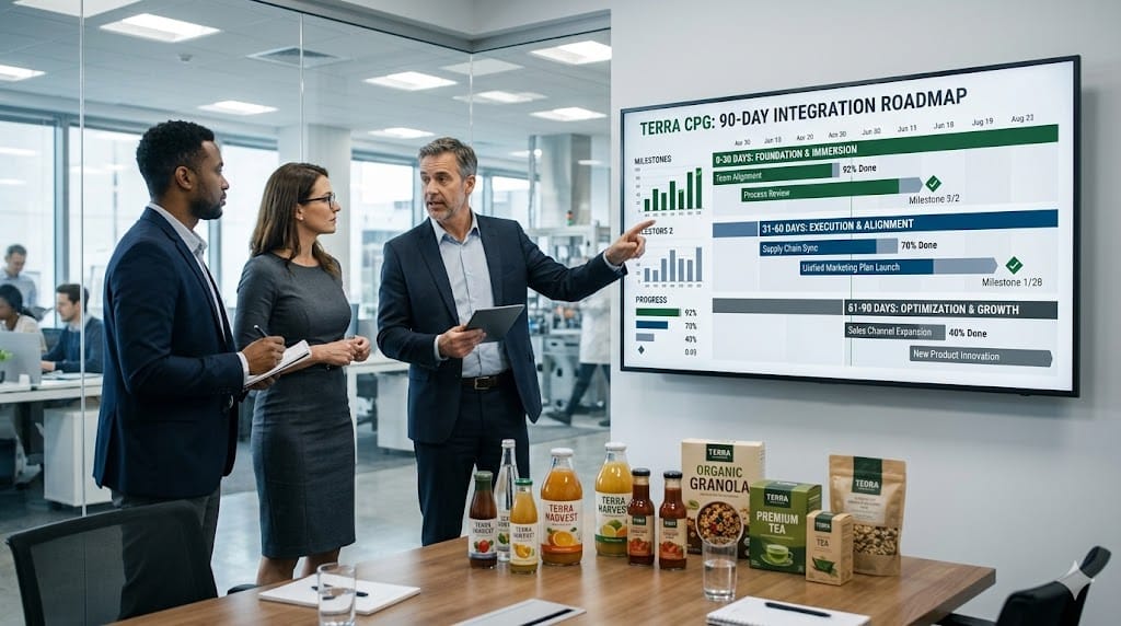 Business leaders reviewing 90-day integration roadmap with timeline chart in consumer packaged goods company office
