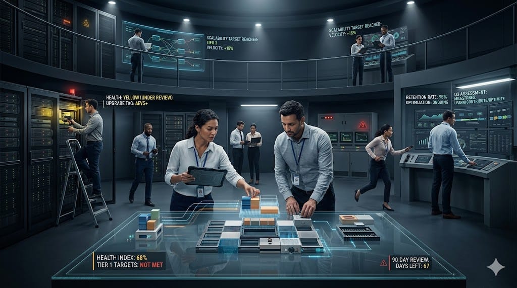 A cross-functional team conducting a fast-paced evaluation of interconnected technology systems with visible time pressure, illustrating a 90-day tech stack audit