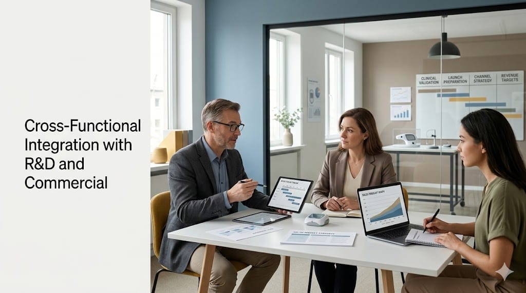 R&D and commercial leaders reviewing product strategy and market data together in a modern medical device innovation workspace.