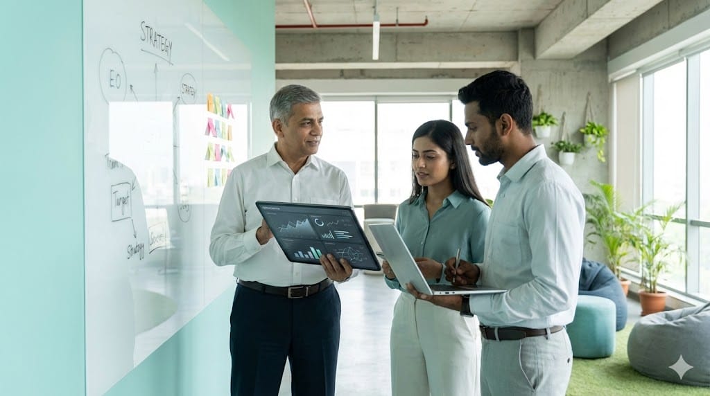 Senior executive mentoring emerging leaders in a modern innovation workspace with collaborative tools and performance dashboards, representing accelerated next-generation executive development.
