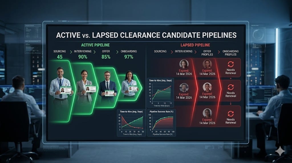 Split-view landscape illustration contrasting active (glowing green pipeline with flowing security-cleared candidates) versus lapsed (faded red pipeline with stalled profiles) clearance pipelines, featuring diverse executives, clearance badges, timelines, and recruitment funnels in a high-security dashboard interface.