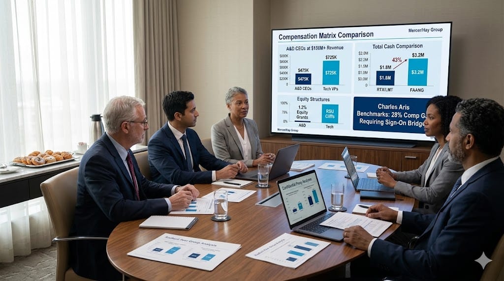 A&D compensation analysts benchmarking executive pay against tech peers during executive strategy session in sleek conference suite, comparing $475K CEO base salaries against FAANG VPs while mapping equity structures and retention incentives.