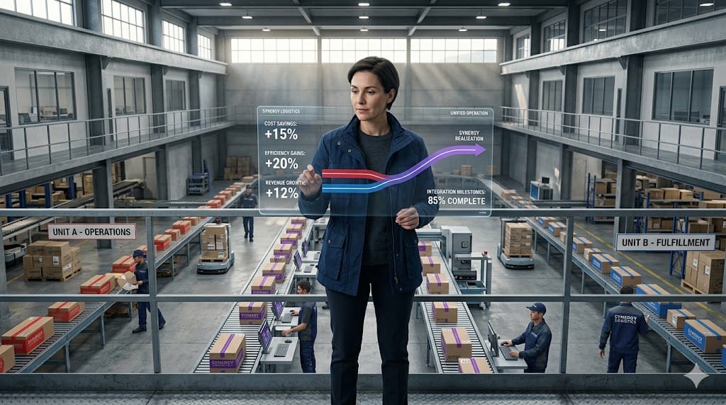 A professional analyzing real-time performance metrics projected onto a glass surface inside a logistics hub, highlighting successful synergy delivery across merged operations