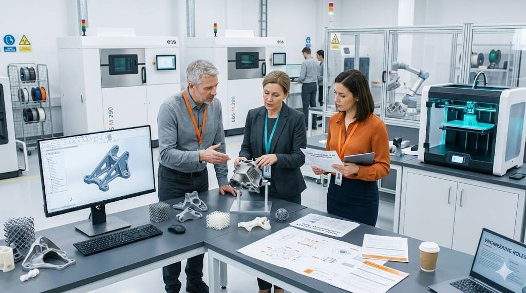 Engineering leaders discussing 3D printing technology in advanced manufacturing lab with additive manufacturing machines