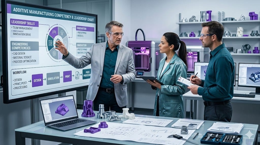 Senior engineers reviewing additive manufacturing competency framework with 3D printing models in innovation lab