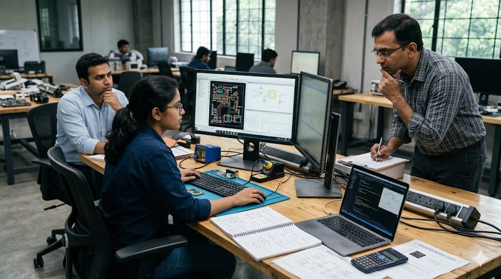 engineering executive analyzing AI data dashboard in modern technology workspace