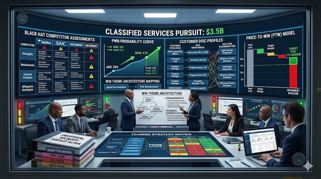 Realistic landscape photo of defense capture teams executing advanced win strategies, analyzing competitor intelligence, customer hot buttons, and price-to-win models on secure dashboards during a high-stakes $2B+ IDIQ pursuit in a classified proposal operations center.