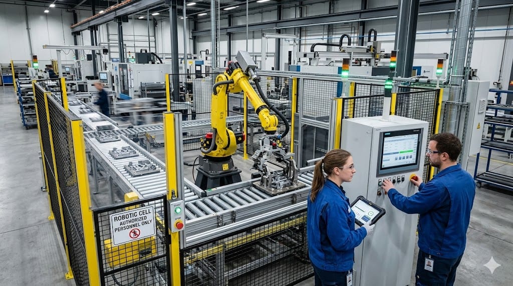 Engineers supervising robotic manufacturing line using advanced industrial automation technology