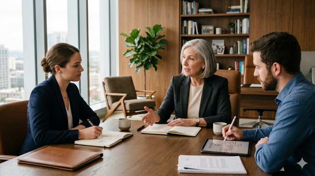 Senior executive mentoring future planning leaders in premium corporate office
