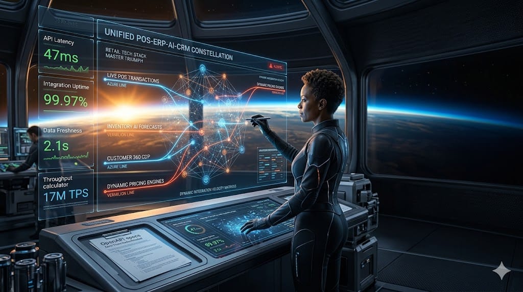 retail technology director leveraging advanced tech stack integration, orchestrating POS, ERP, AI analytics convergence in unified digital operations center.