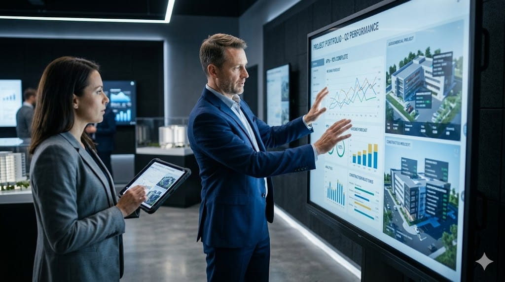 Business development executive using digital touchscreen with project analytics dashboard