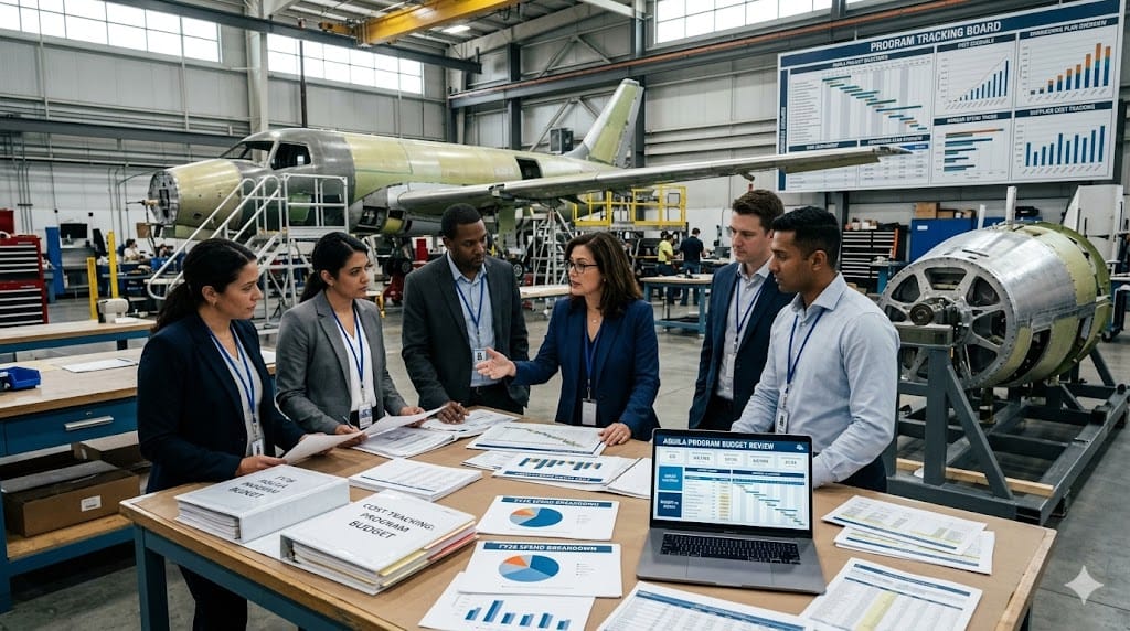 Aerospace finance leaders reviewing program budget and cost reports near aircraft assembly area