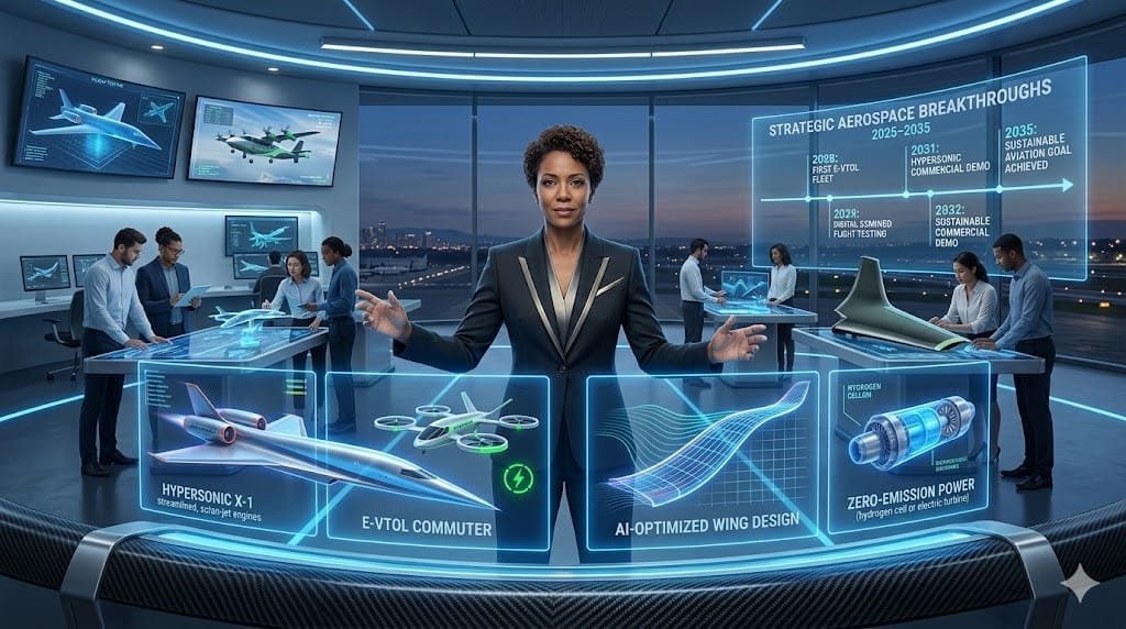 Visionary landscape illustration of a Chief Technology Officer in aerospace directing the future of flight, surrounded by holographic next-gen aircraft designs, AI-driven propulsion systems, and sustainable aviation innovations in a high-tech command center.