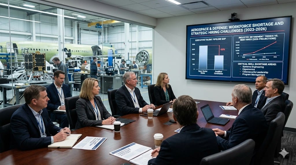 Aerospace and defense executives discussing talent shortage with aircraft and engineering screens in background