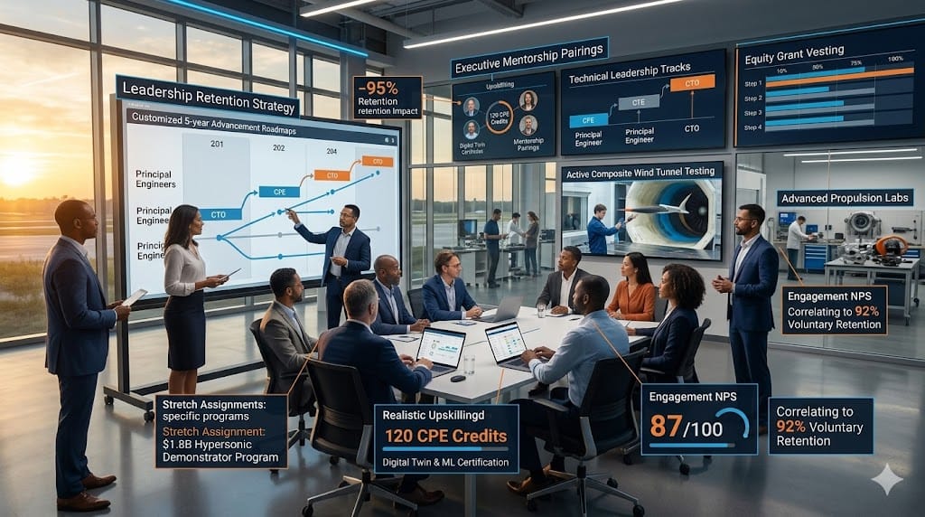 aerospace companies retaining senior engineering leadership through strategic initiatives, showing executives engaging in mentorship sessions, reviewing career growth roadmaps, and collaborating on cutting-edge hypersonic projects in a modern engineering innovation center.