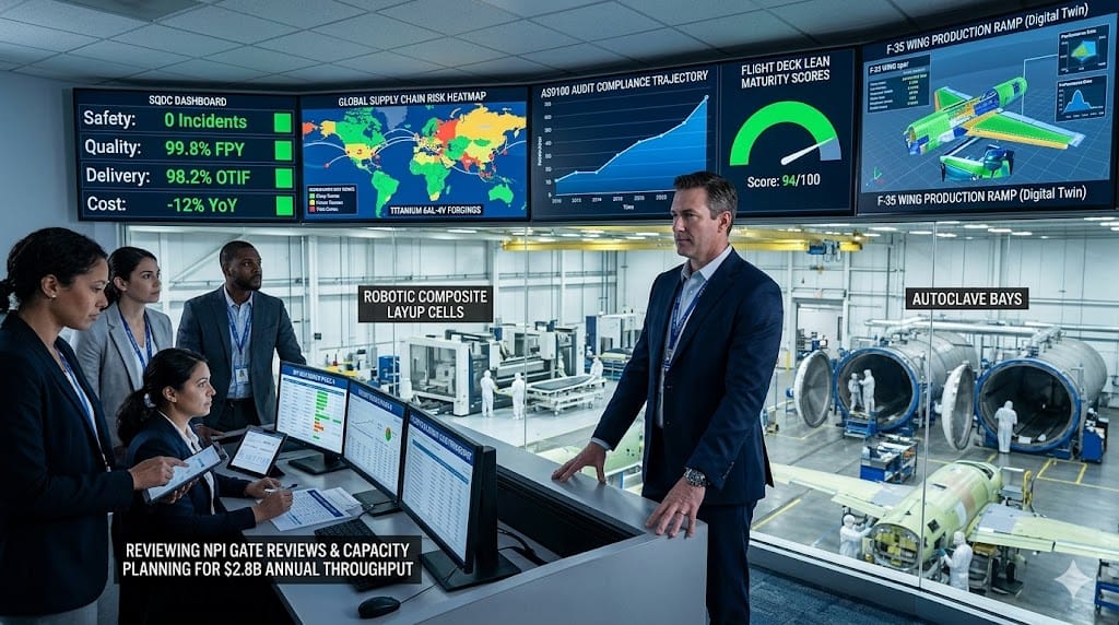 Realistic landscape photo of an aerospace manufacturing executive overseeing comprehensive leadership scope, monitoring live production dashboards for SQDC metrics, supply chain risk assessments, AS9100 quality compliance, and lean transformation initiatives from a strategic oversight center adjacent to active composite fabrication lines.