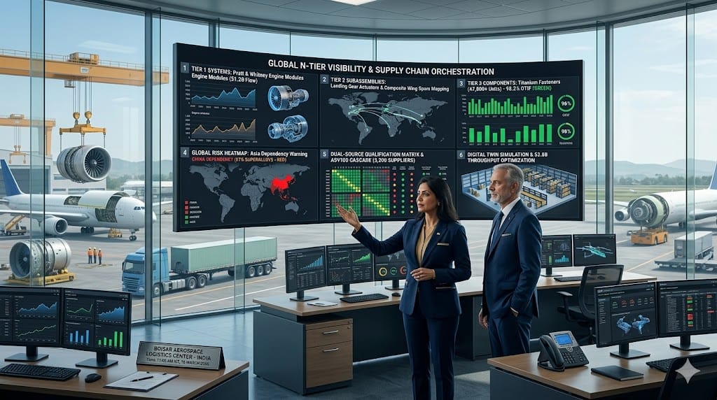 VP Supply Chain managing complex aerospace tier structures, overseeing live dashboards mapping Tier 1 engine systems through Tier 3 fastener suppliers across global N-Tier networks with risk heatmaps and $2B+ annual flow visibility.
