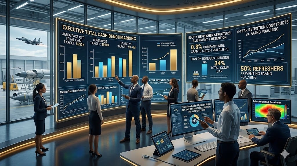 aerospace executives evaluating compensation packages to compete with tech giants, comparing total cash targets ($650K-$1.2M), equity refreshers matching FAANG RSU grants, and retention bonuses against Silicon Valley benchmarks in a strategic talent war room