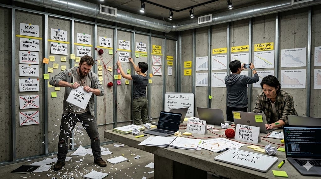 Chaotic velocity room where CPG innovators shred annual planning binders while pinning 2-week experiment results to a massive kanban wall showing "A/B Test Live: Conversion +23%," "Feature Flag Deployed," and "MVP Iteration 7" amidst coffee-stained sprint retrospectives and burn-down charts.